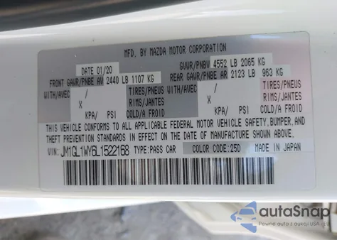 2020 Mazda Mazda6 Grand Touring Reserve z USA, uszkodzony, nr VIN JM1GL1WY6L1522168